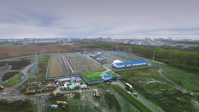 Aerial video shooting of electrical substation of 110 and 220 kV switchgear, current transformers, substation maintenance and safety systems, Energy security of the city