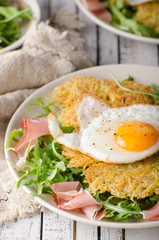 Potato pancakes with eggs and ham