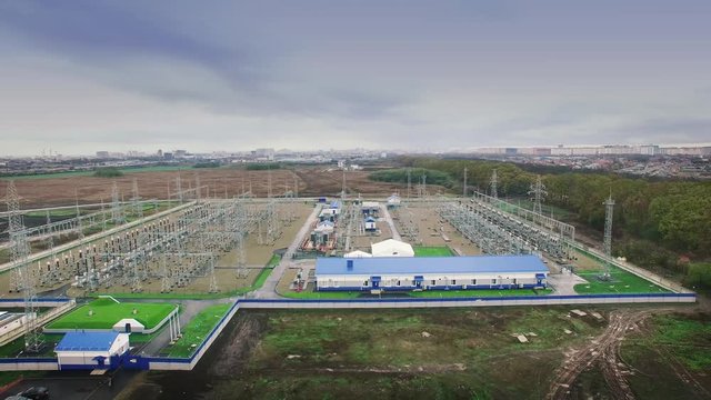 Aerial video shooting of electrical substation of 110 and 220 kV switchgear, current transformers, substation maintenance and safety systems, Energy security of the city