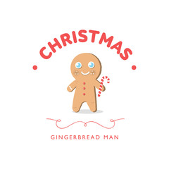 Christmas gingerbread man with candy, flat vector illustration, new year, cartoon, Illustration of a happy xmas gingerbread man, logo template