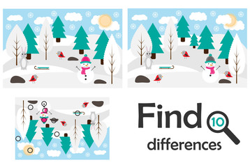 Find 10 differences, game for children, winter snowy forest in cartoon style, education game for kids, preschool worksheet activity, task for the development of logical thinking, vector illustration - 235331170