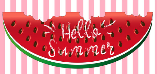 Hello summer greeting card, poster, print. Vector typographical background with watermelon slice abstract paint texture.