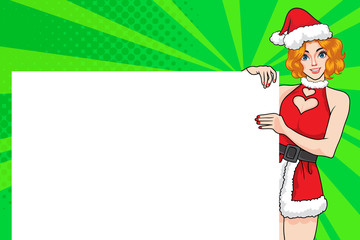 smiling santa woman showing and empty banner