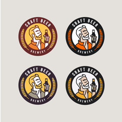 young hipster man holding bottle of craft beer vector label design. Logotype and badge template for breweries, pubs, brasseries, brew houses and beer bars