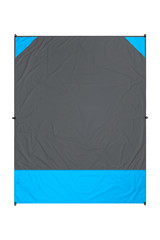 Gray and blue nylon beach blanket isolated on white background with visible corner pockets. Very thin and waterproof tarp or footprint for outdoor activities. Clipping path included.