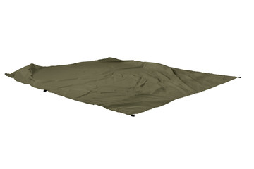 Waterproof and sandproof green nylon beach blanket isolated on white background. Very thin tarp or footprint used for outdoor activities. Clipping path included.