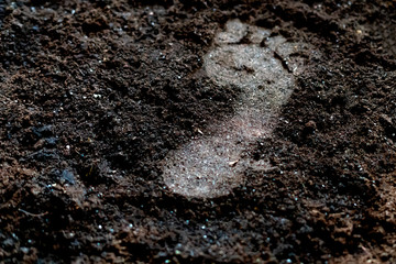 human bare foot step print on the soil ground f