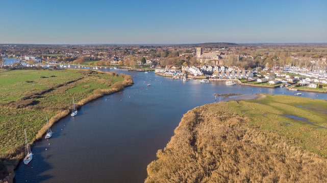 Aerial city view along a river
