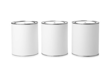 Paint cans on white background. Mockup for design