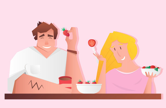man and woman eating fruits and vegetables, strawberry and tomato salad, a couple of vegetarians, vector illustration