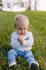 Cute and Adorable Young Toddler Baby Boy Playing in the Backyard Green Grass and Smiling at the Camera