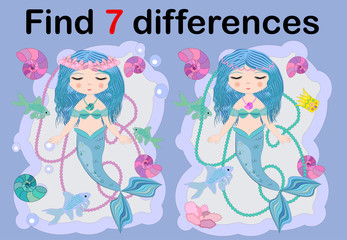 Find the difference the two illustration with sea mermaid. Children funny riddle entertainment.