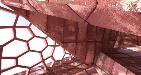 Empty  abstract room interior of sheets rusted metal. Architectural background. 3D illustration and rendering