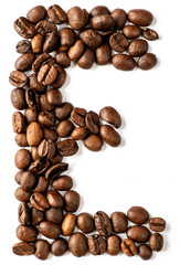 E letter made from coffee beans isolated on white background