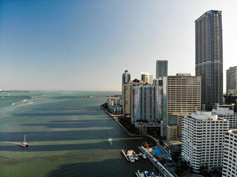 BRICKELL, FL, USA - APRIL 29, 2018: Aerial Drone Image Of Brickell City Center In Miami, Florida