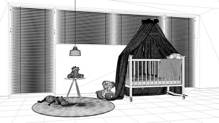 Interior design project, black and white ink sketch, architecture blueprint showing scandinavian nursery with canopy cradle, carpet, bedside table and toys, contemporary architecture