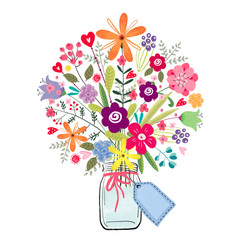 Obraz premium drawing a bouquet of flowers in a jar on a white background with a business card