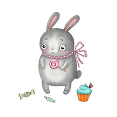 drawing cute rabbit with a pink bow, candy and sweets on a white background