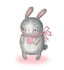 drawing of a cute gray rabbit with a pink bow and candy