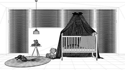 Fototapeta na wymiar Interior design project, black and white ink sketch, architecture blueprint showing scandinavian nursery with canopy cradle, carpet, bedside table and toys, contemporary architecture