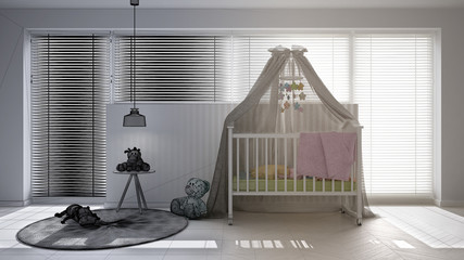 Unfinished project draft, scandinavian nursery with canopy cradle, carpet, bedside table pendant lamp and toys, big window with venetian blinds, contemporary architecture interior design