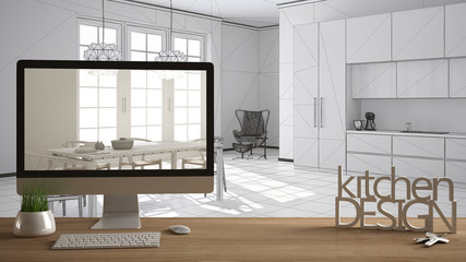Architect designer project concept, wooden table with house keys, 3D letters words kitchen design and desktop showing draft, blueprint CAD sketch in the background, white interior design