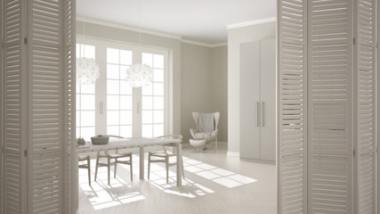 White folding door opening on classic kitchen with wooden and beige details, dining table laid for two, interior design, architect designer concept, blur background