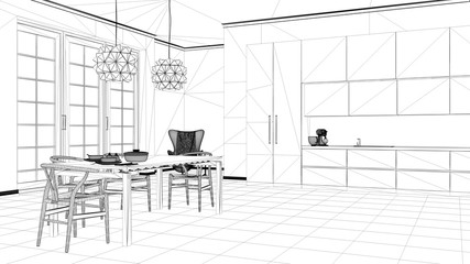 Interior design project, black and white ink sketch, architecture blueprint showing classic kitchen, dining table laid for two, with chairs and pendant lamps, contemporary architecture