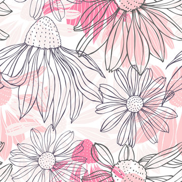 Hand drawn flowers.  Vector  seamless pattern