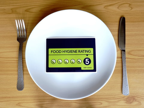 Food Hygiene Rating 5. Dinner plate with VERY GOOD food hygiene rating  instead of food