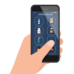 Hand holding smartphone with pharmacy / drugstore online shopping app. Medicine bottles, vitamins, drops, sprays on display. Vector illustration in flat cartoon style