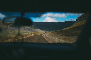 View from cad on a mountain road of Iceland