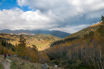 Fototapeta na wymiar Autumn landscape of the Arkhyz valley in the upper part.