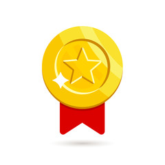 Gold medal with red ribbons isolated on white background. Vector illustration in flat style.