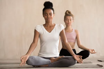 Peel and stick wall murals Yoga school Two beautiful diverse yogi girls doing yoga Padmasana exercise, Lotus pose with mudra, working out, indoor full length, mixed race female students training at club. Well being, wellness concept