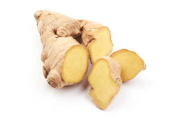 Fresh Sliced Ginger, isolated on a white background. Close-up.
