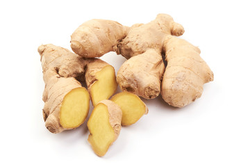 Fresh Sliced Ginger, isolated on a white background. Close-up.