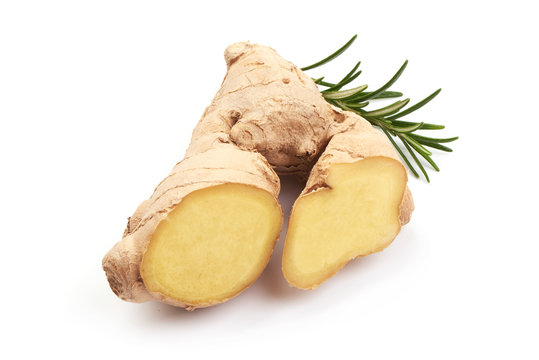 Fresh Sliced Ginger, isolated on a white background. Close-up.