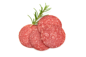 Smoked Meat Sausages with rosemary, isolated on a white background. Top view.