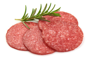 Slices of smoked salami with rosemary, isolated on a white background. Close-up
