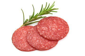 Cold Salami Smoked Sausage Slices with rosemary, isolated on a white background. Close-up