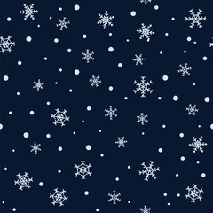 Seamless pattern of snowflakes on a dark background.