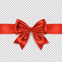 Realistic red gift bow and ribbon isolated on transparent background. 