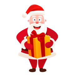 Christmas background with Santa Claus. Santa Claus holding Christmas gifts, present or box. Inscriptions Merry Christmas and Happy New Year! Vector illustration. Isolated on white background