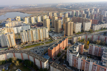 Fototapeta premium Tyumen, Russia - October 11, 2017: Aerial view of city quarters on Solnechniy proezd