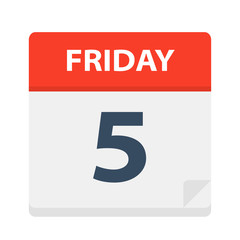 Friday 5 - Calendar Icon. Vector illustration of week day paper leaf.