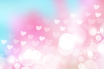 Abstract festive blur bright pink pastel background with white and pink hearts love bokeh for valentine or wedding card. Space for design. Card concept.