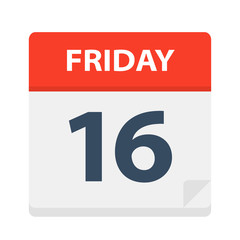 Friday 16 - Calendar Icon. Vector illustration of week day paper leaf.