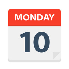 Monday 10 - Calendar Icon. Vector illustration of week day paper leaf.