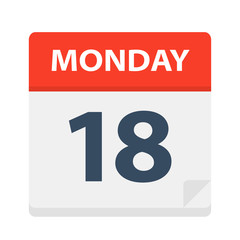 Monday 18 - Calendar Icon. Vector illustration of week day paper leaf.